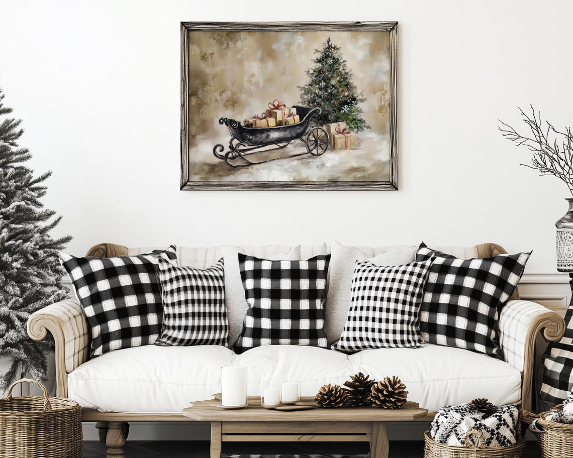 Vintage Sleigh with Christmas Gifts beside Decorated Tree Poster - Image 3