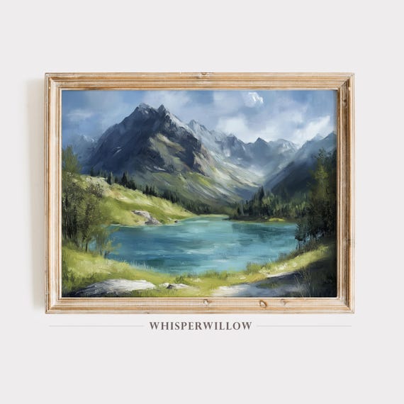 Tranquil Alpine Lake Scenery Painting Serene European Peaks Peaceful Scenic Art Rustic Mountain Wall Decor
