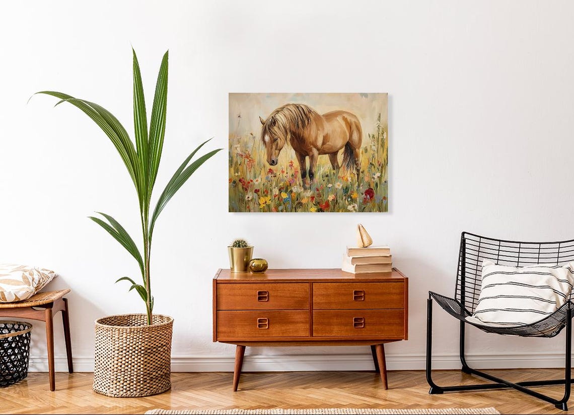 Chestnut Horse Standing Among Wildflowers Golden Light Poster - Image 4
