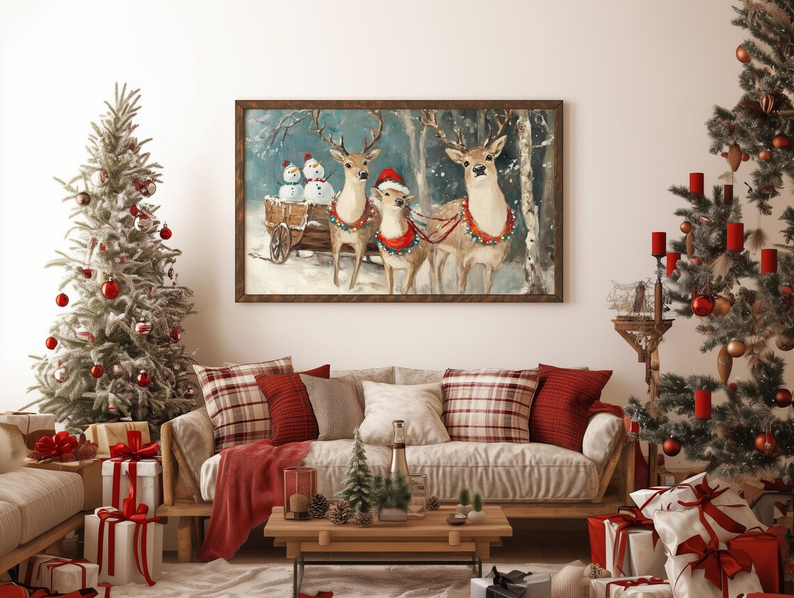 Festive Reindeer And Snowmen Holiday Art Print - Image 4