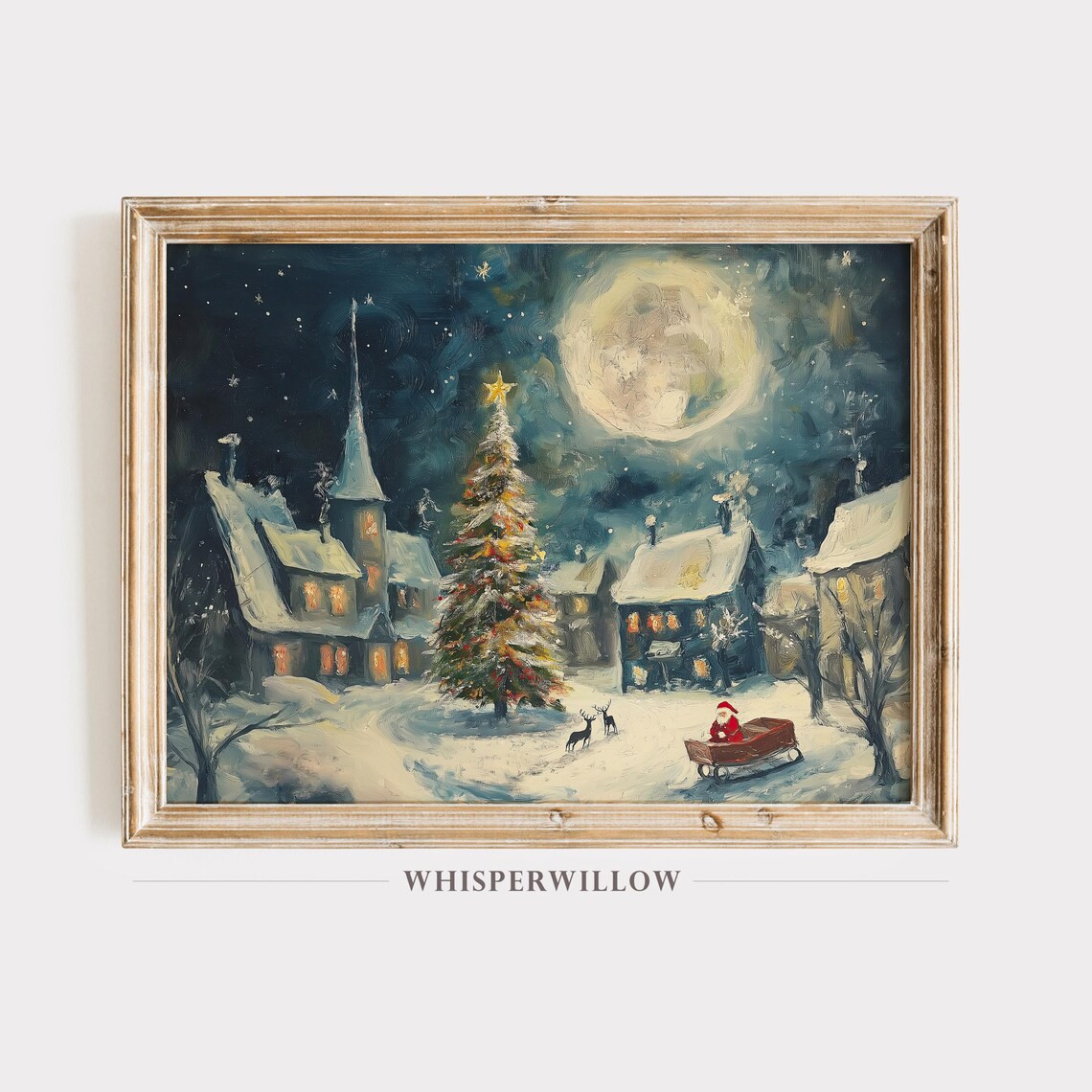 Magical Christmas Village Santa Sleigh Full Moon Snowy Night Poster