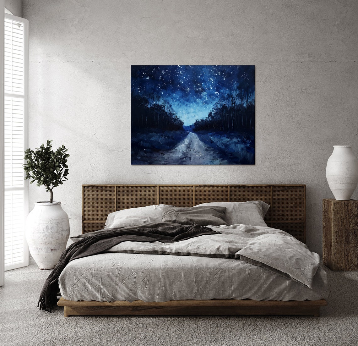 Moonlit Snowy Country Road Winding Under Starry Winter Sky Poster - Image 2