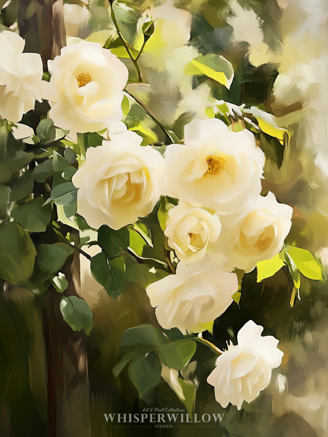 Elegant Cream White Roses Blooming Floral Garden Painting Wall Art - Image 6