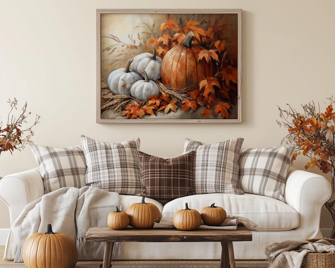 White and Orange Pumpkins with Autumn Leaves Vintage Style Poster - Image 5
