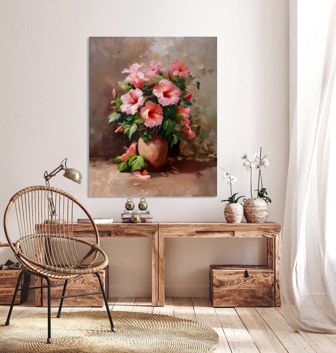 Pink Hibiscus Blooming in Vase Vintage Style Floral Painting Poster - Image 2
