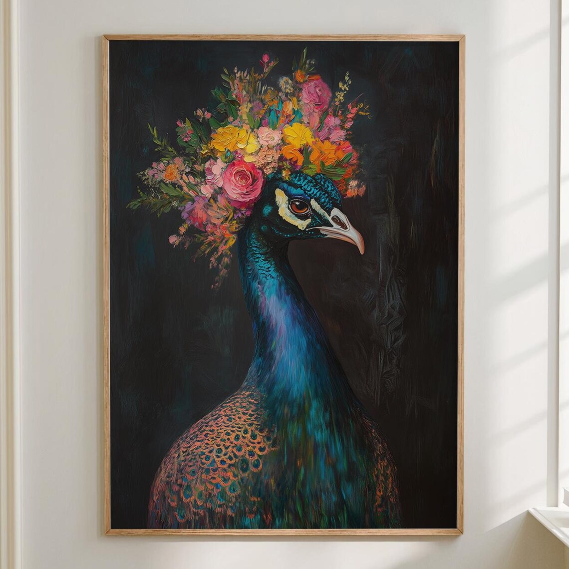 Iridescent Peacock Head With Flower Crown on Deep Teal Art Poster