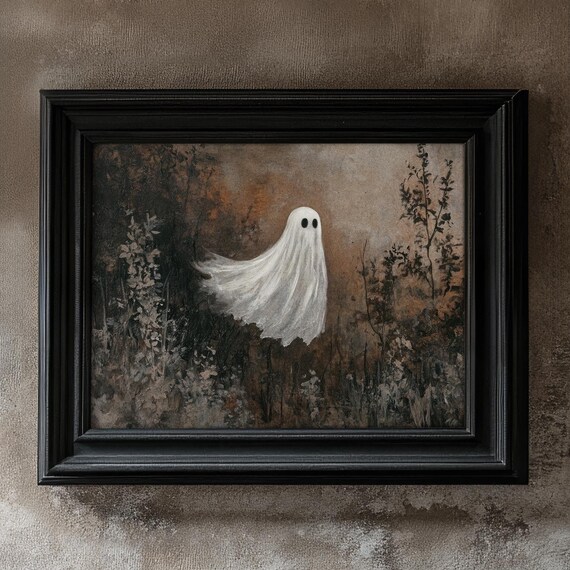 Cute Ghost Floating Among Wildflowers Moody Vintage Art Poster