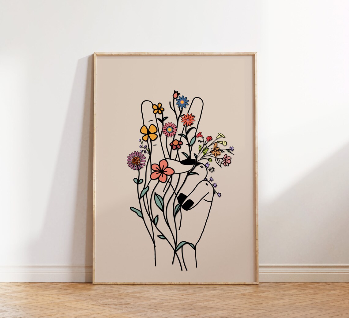 Peace Hand Retro Flower Art Print, Hippie Decor - Image 4