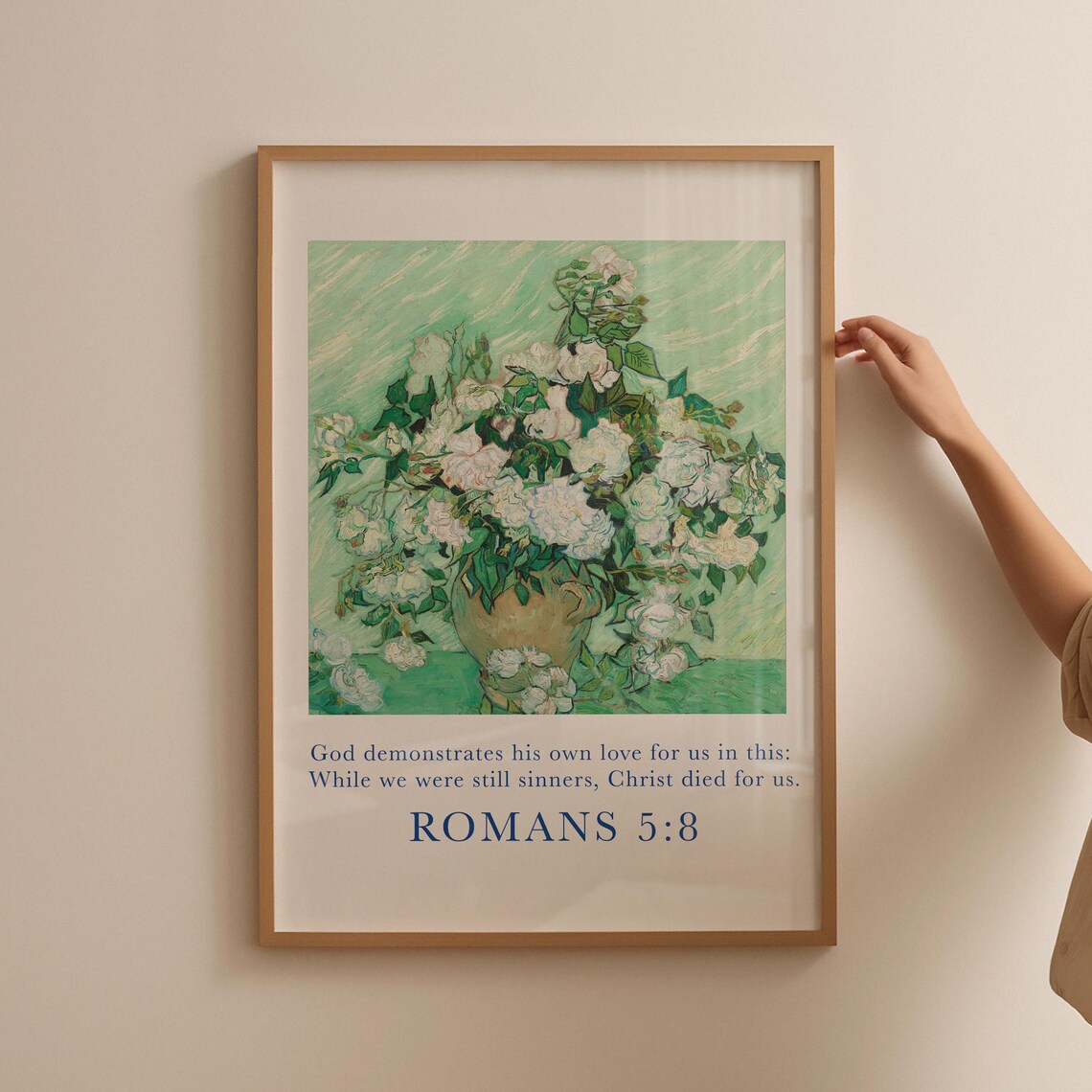 Van Gogh White Roses Vase Painting Romans 5:8 Scripture Poster - Image 5