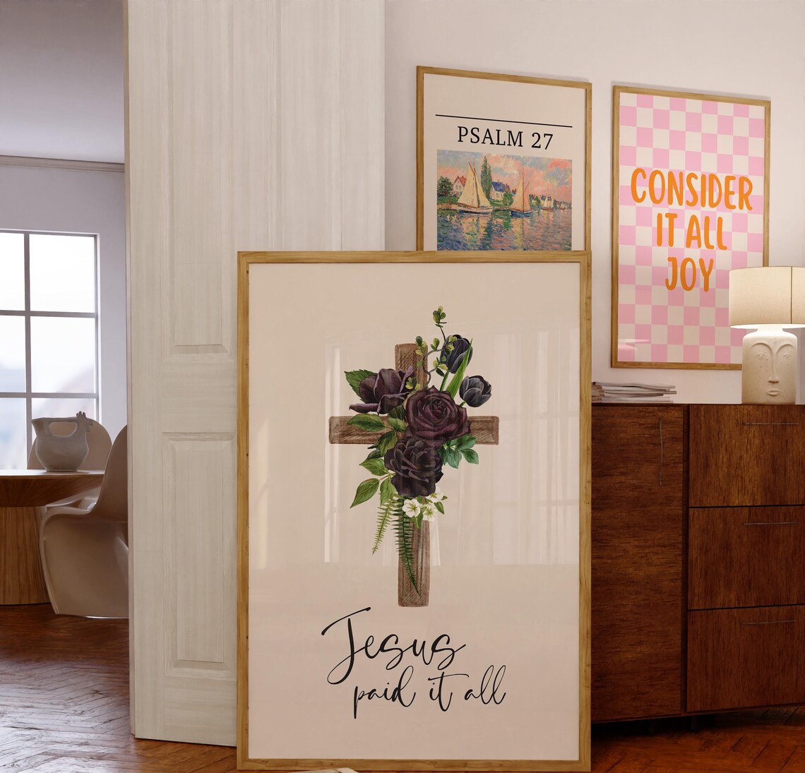 Jesus Paid It All Dark Floral Wooden Cross Christian Verse Poster - Image 2