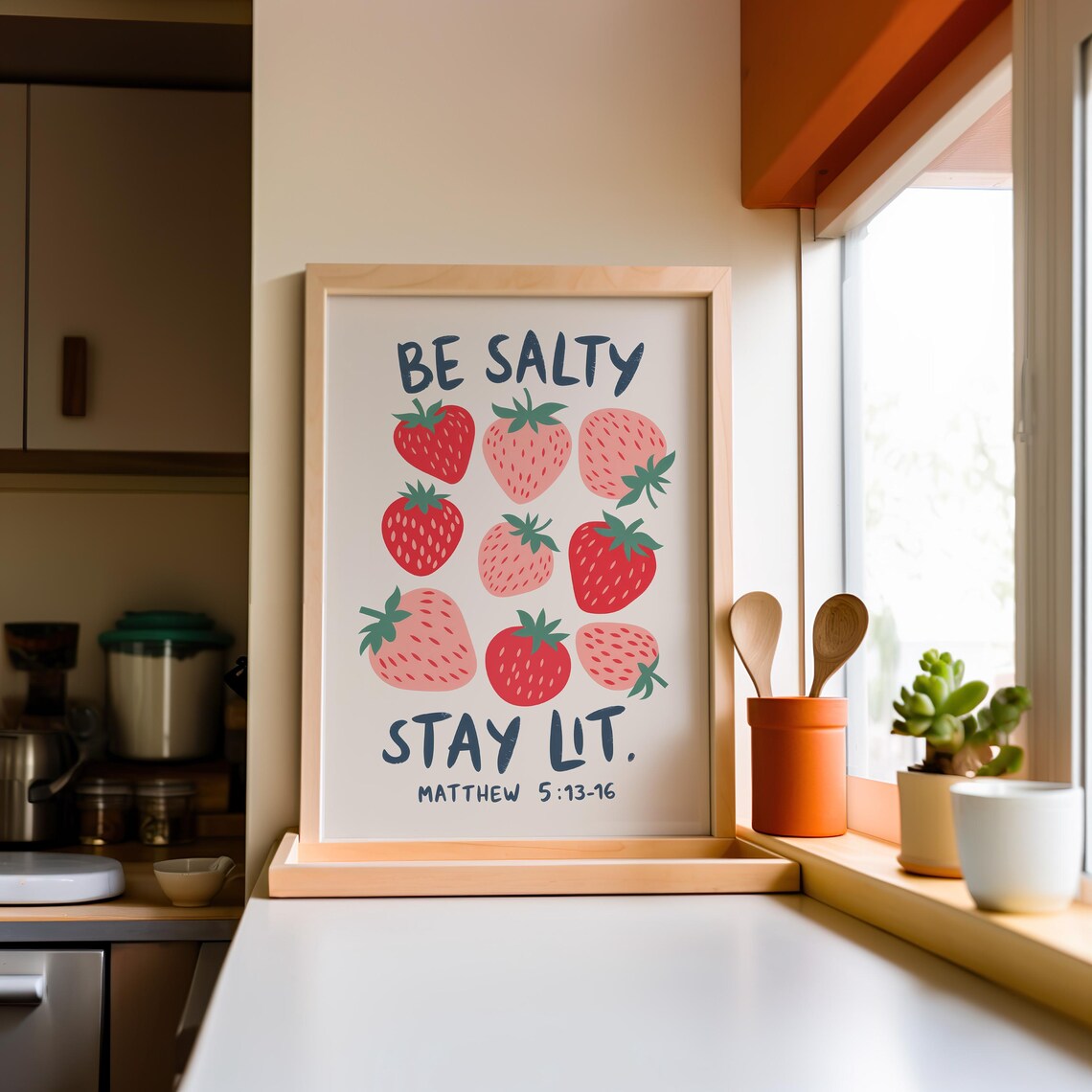 Strawberry Illustration Be Salty Stay Lit Matthew 5 Verse Art Poster - Image 2
