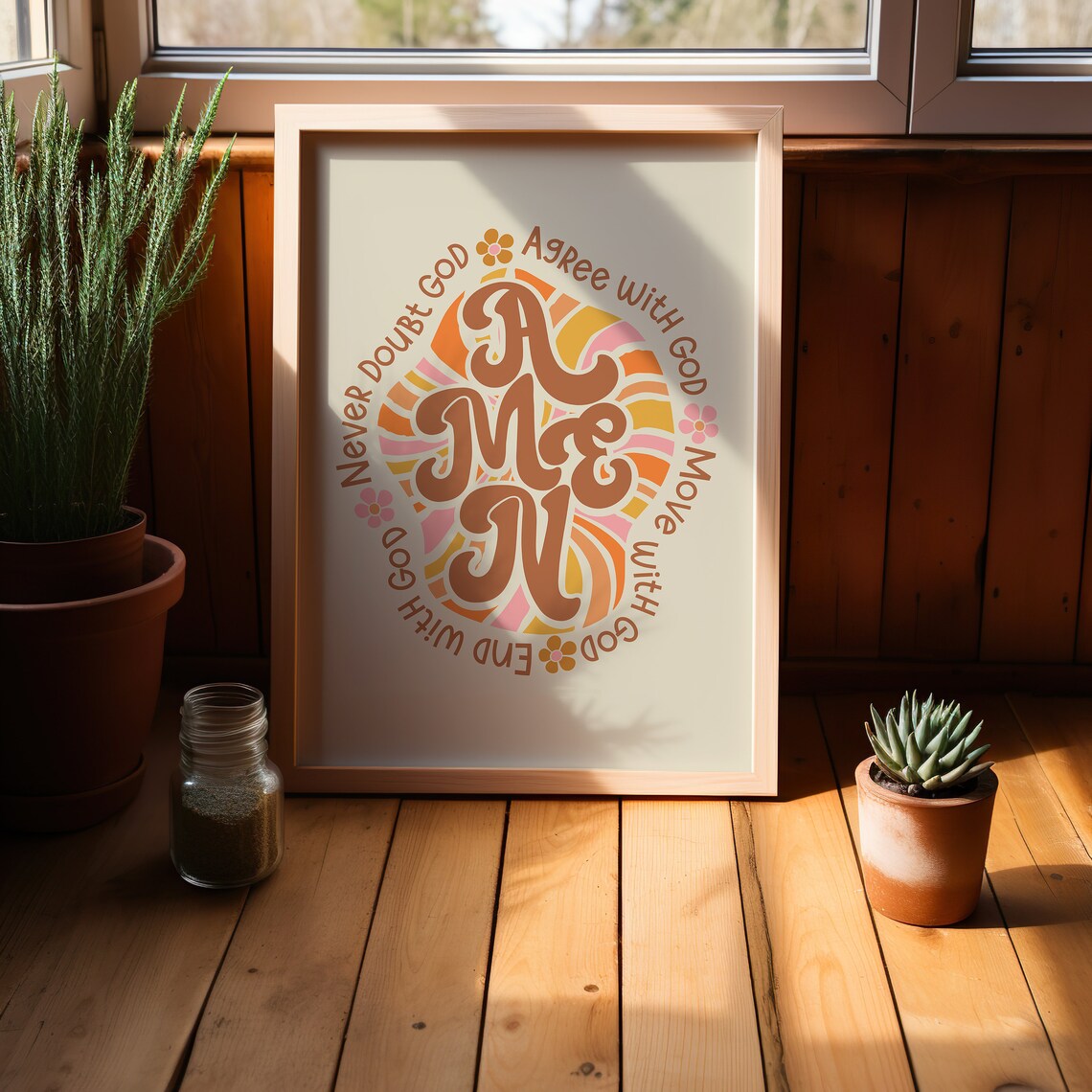 Amen Retro Groovy Circular Typography Faith Quote Christian Poster - Image 3