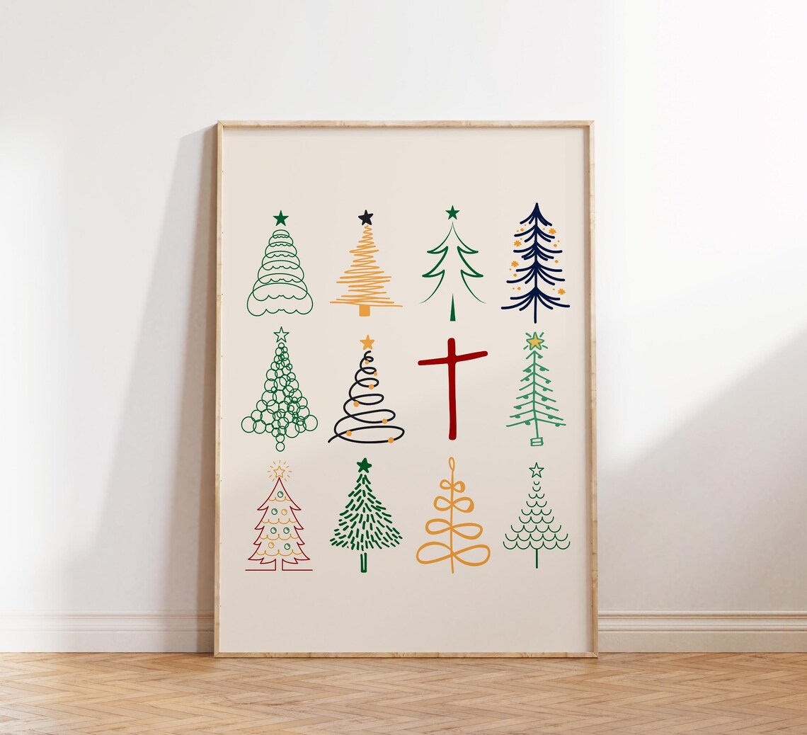 Twelve Christmas Trees Cross Holiday Line Art Christian Poster
