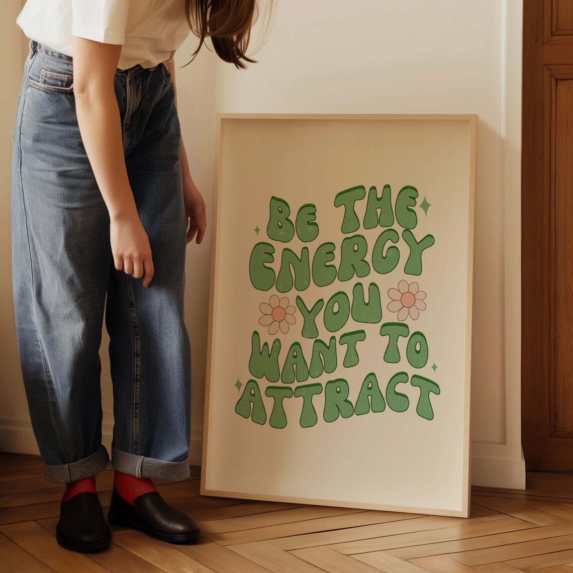 Be the Energy You Want to Attract Green Groovy Daisy Wall Poster - Image 2