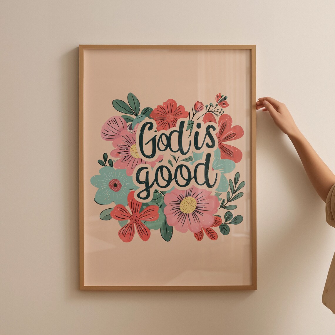 Coral Pink Floral Bouquet God Is Good Hand Lettered Verse Poster - Image 4