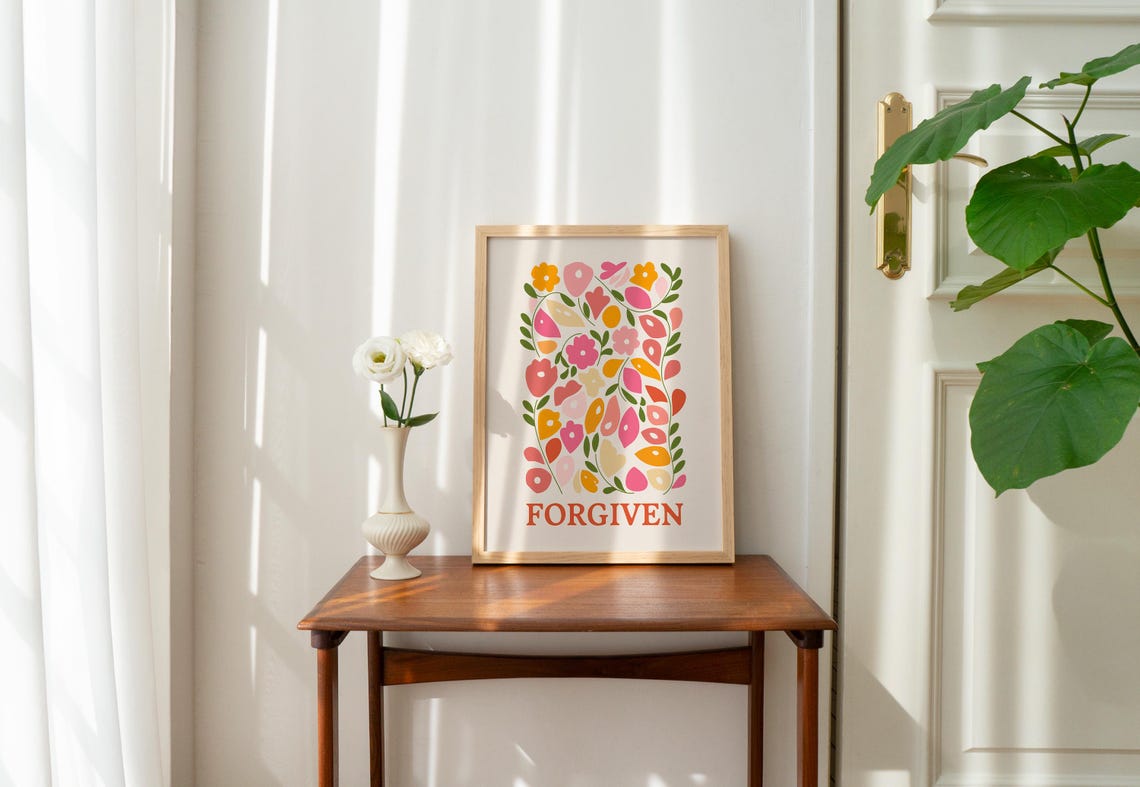 Forgiven Christian Wall Art Flower Print Colorful Floral Bible Verse Print Retro Wall Art Scripture Art Wall Decor - Image 3