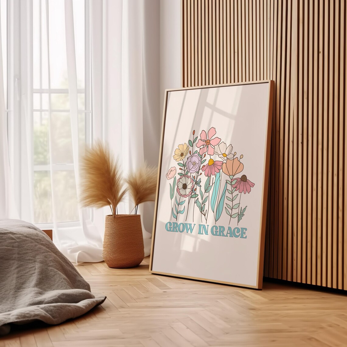 Grow In Grace Pastel Wildflower Line Art Christian Quote Poster - Image 3