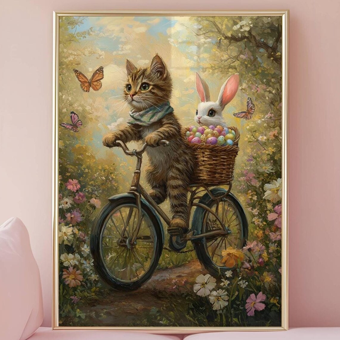 Tabby Cat and Bunny Easter Bike Ride, Floral Poster