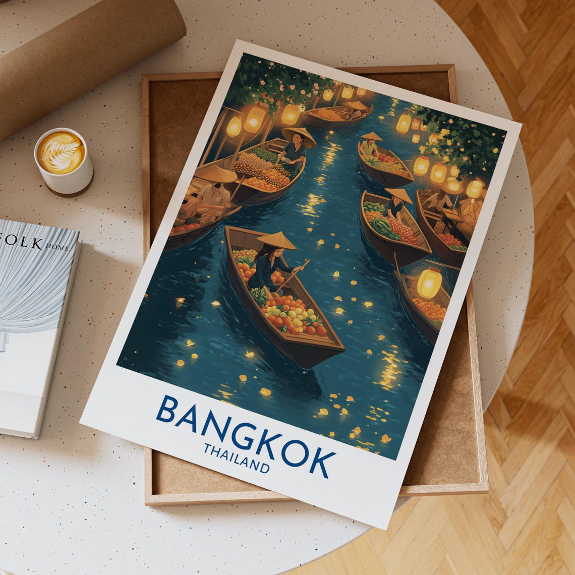 Bangkok Thailand Floating Market Lantern Night River Fruit Boat Poster