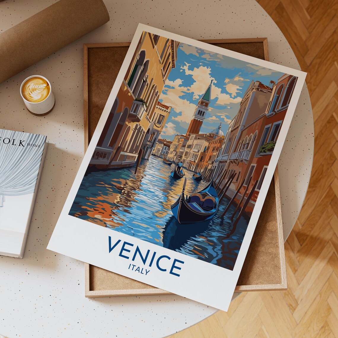 Venice Italy Gondola Canal View Bell Tower Vintage Travel Poster
