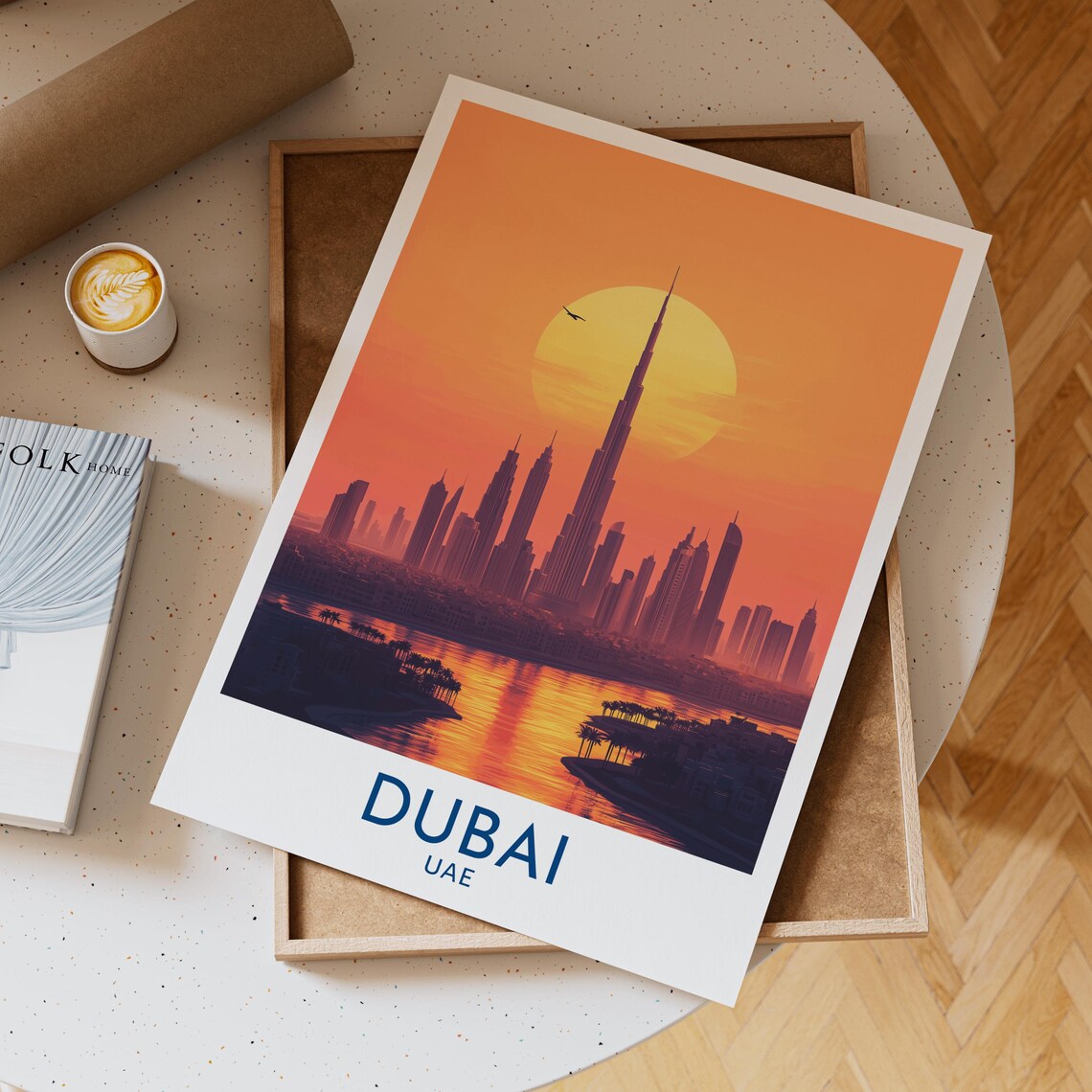 Dubai UAE Burj Khalifa Skyline Sunset Golden Water Reflection Travel Poster