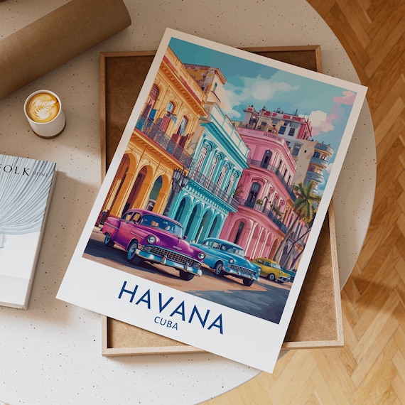 Havana Travel Poster With Colorful Colonial Buildings And Vintage Cars Wall Art Print For Caribbean Decor Lovers