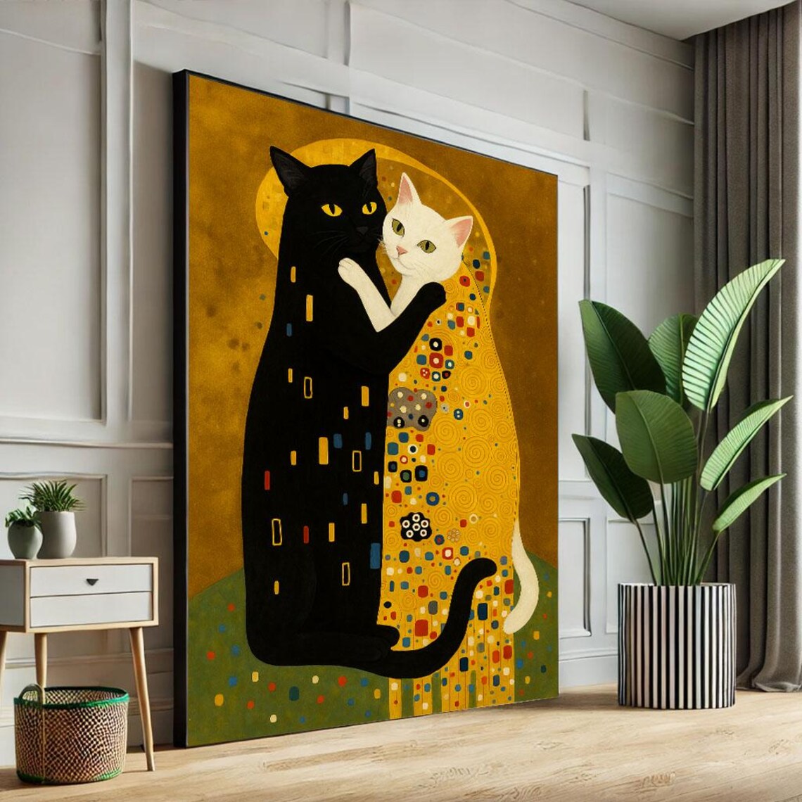 Two Cats Embracing Klimt Style Golden Mosaic Black White Cat Art Poster