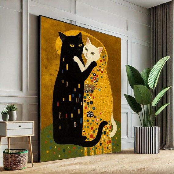 Two Cats Embracing Klimt Style Golden Mosaic Black White Cat Art Poster