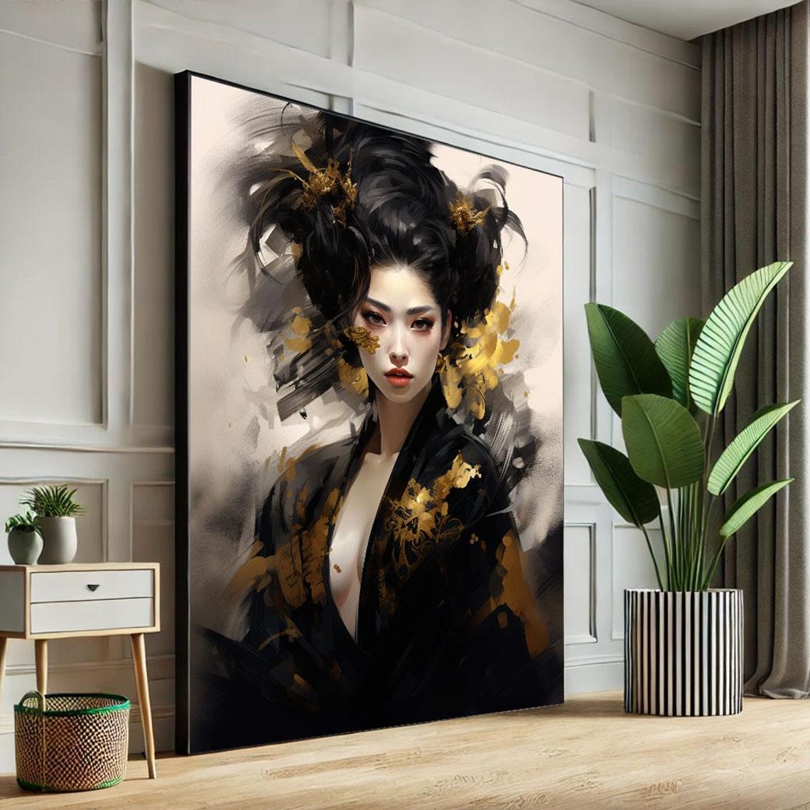 Fierce Geisha Black Gold Kimono Dramatic Ink Style Portrait Art Poster