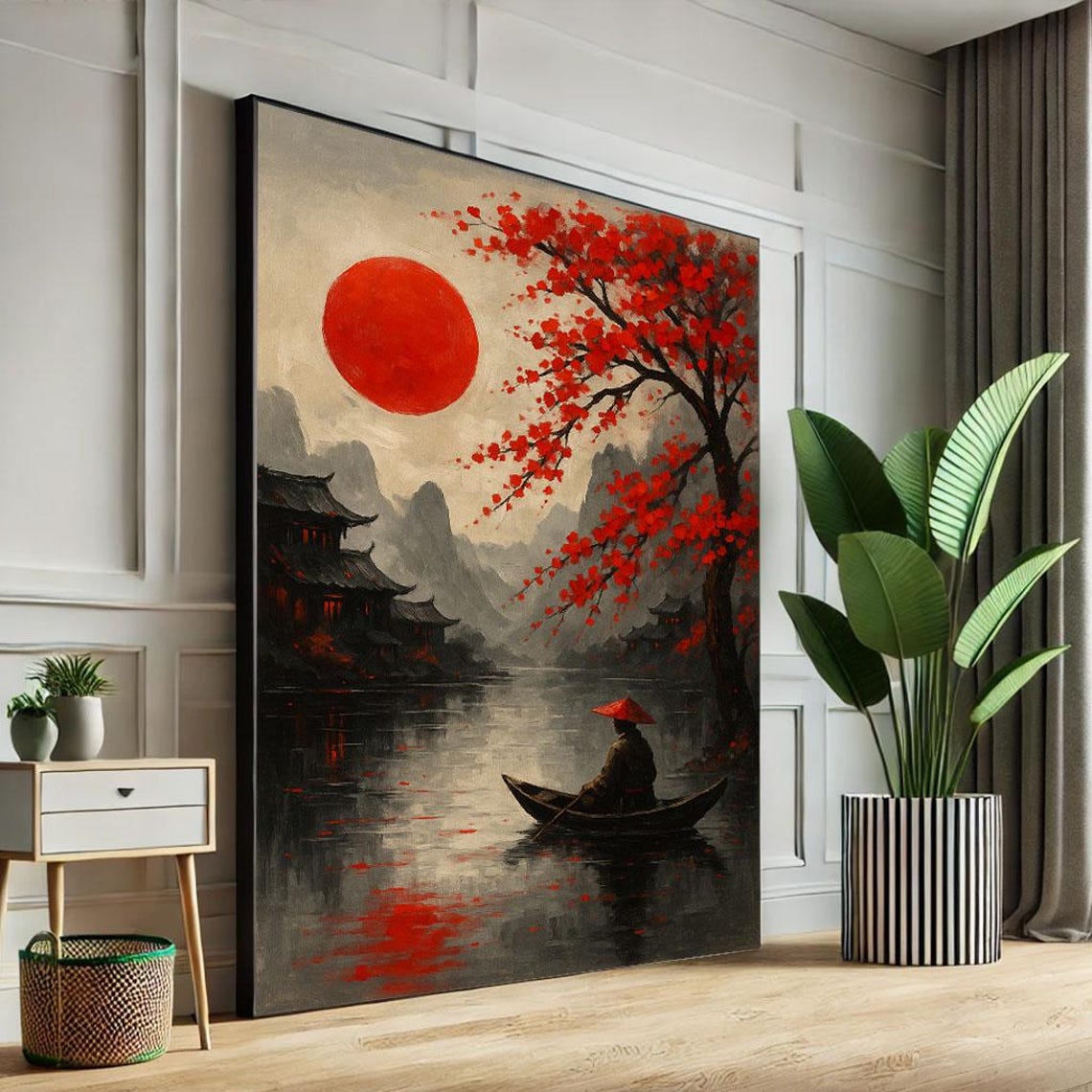 Japanese Red Sun River Scene Boatman Maple Tree Painterly Art Poster