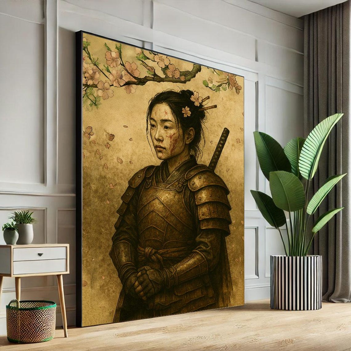 Noble Armored Samurai Woman Cherry Blossom Golden Art Poster