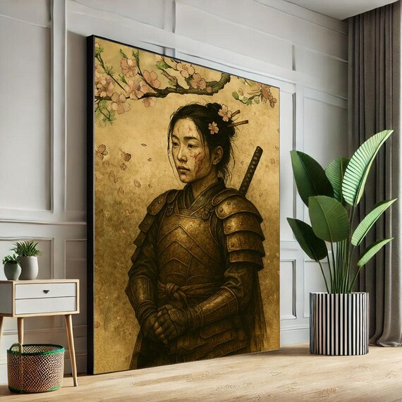Bold Japanese Samurai Woman Canvas Oriental Warrior With Dragon Tattoo Asian Fantasy Wall Art For Living Room Statement Piece