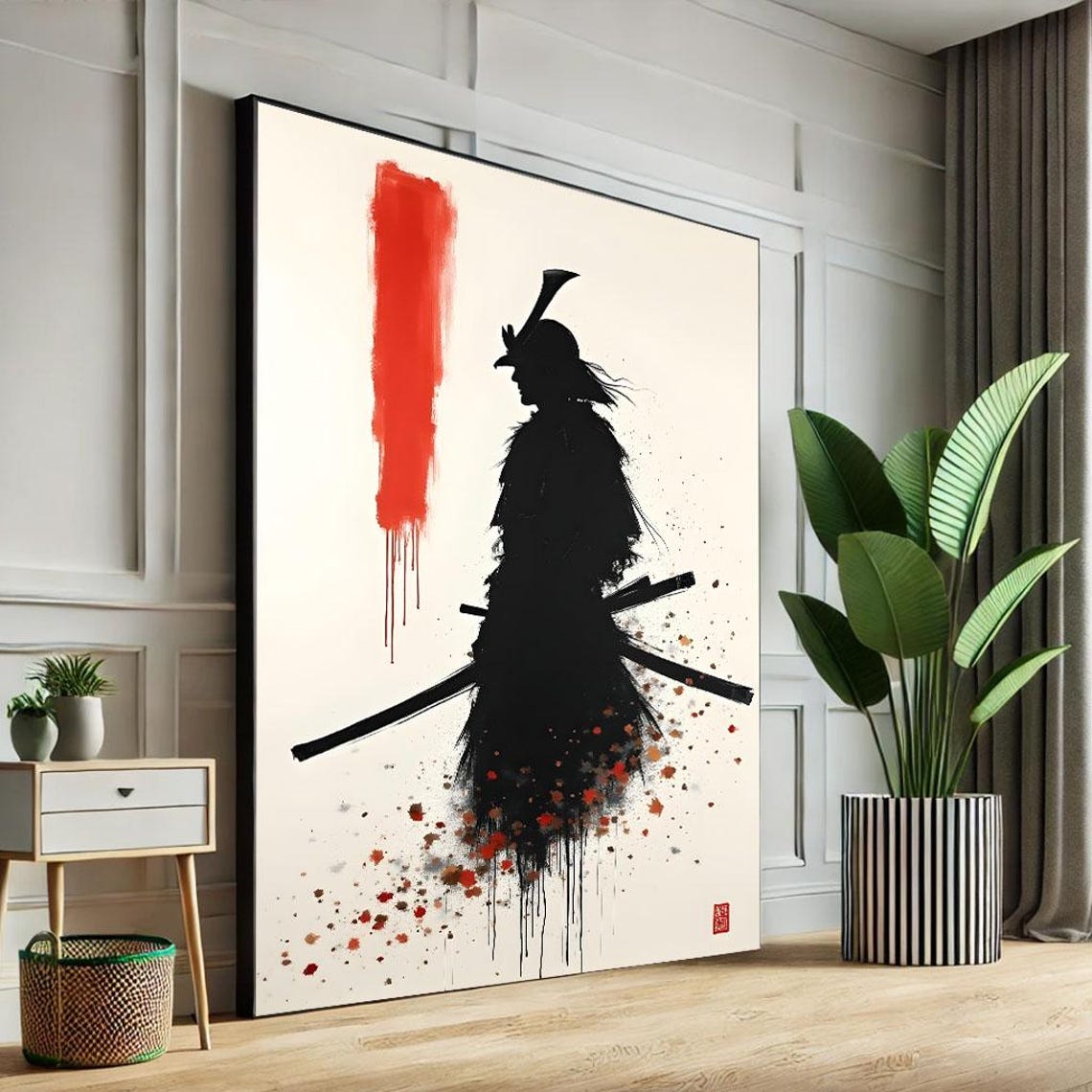 Samurai Silhouette With Twin Katanas And Red Ink Splash Art Poster
