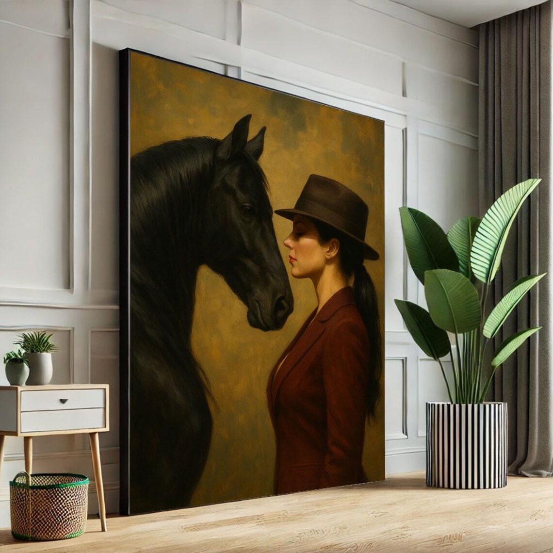 Equestrian Woman Face To Face With Black Horse Classic Poster