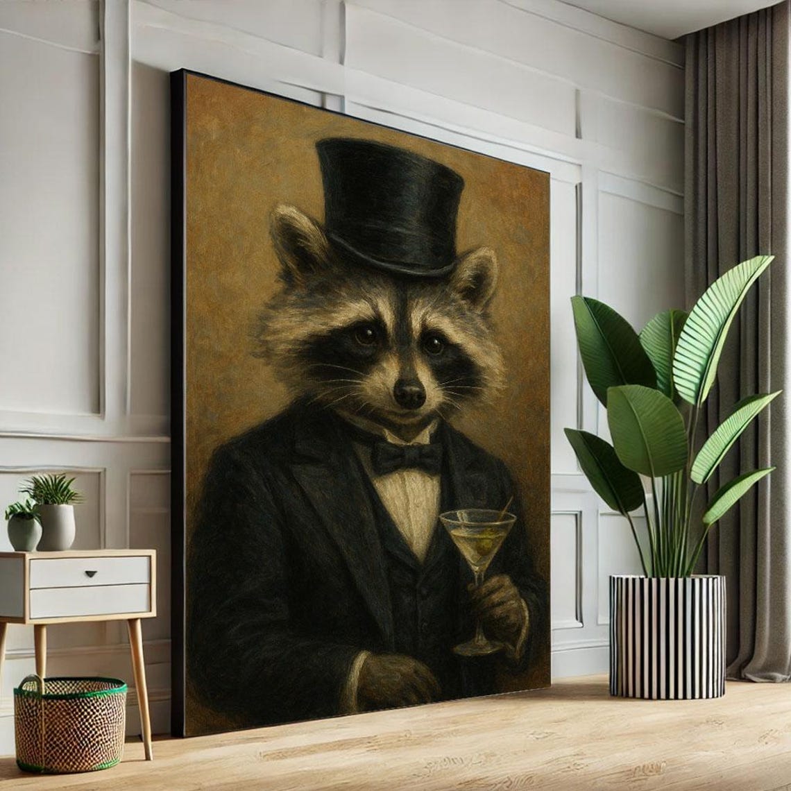 Elegant Raccoon In Top Hat Canvas Wall Art Print Vintage Style Living Room Decor Statement Piece