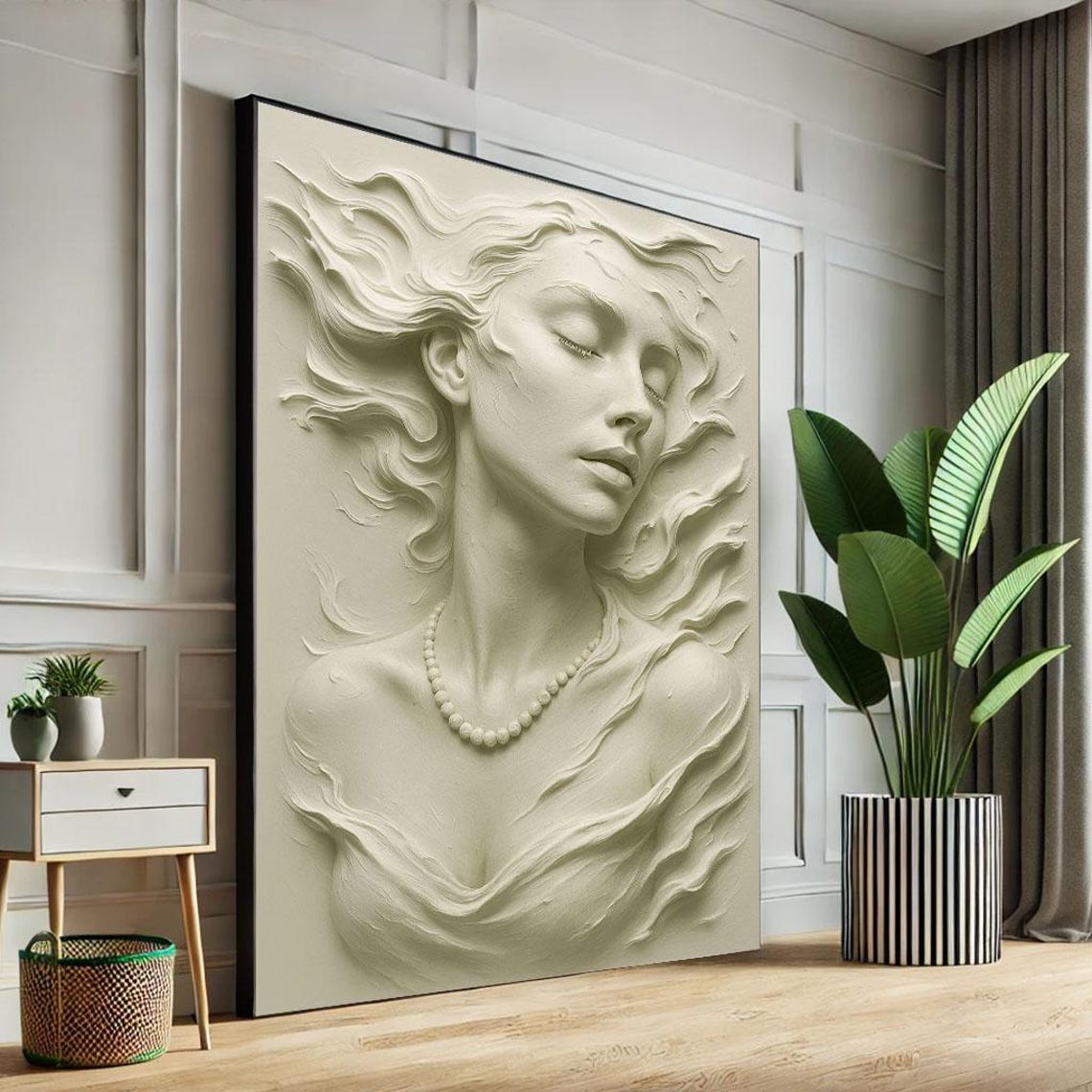 Graceful Female Portrait Canvas Wall Art Minimalist Ivory Living Room Decor Statement Piece