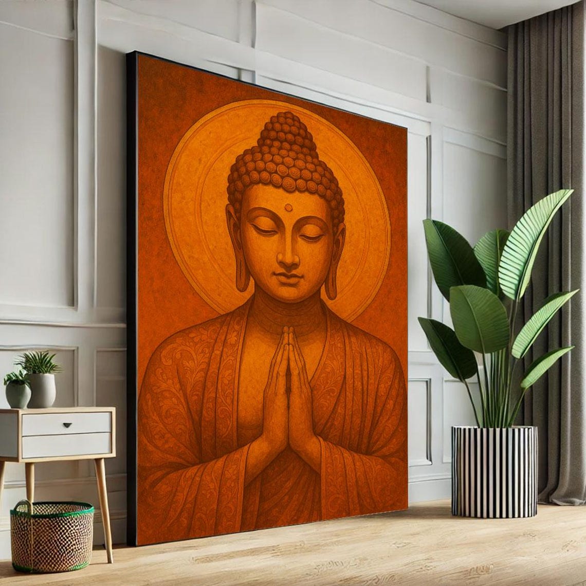Serene Buddha Meditation Warm Orange Gold Halo Zen Art Poster