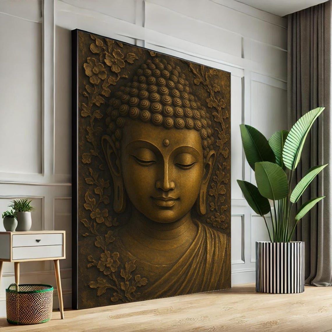 Bronze Buddha Face Relief Carving with Florals Zen Decor Poster