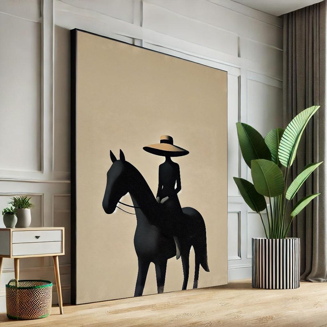 Minimalist Woman Riding Horse Wide Brim Hat Silhouette Art Poster