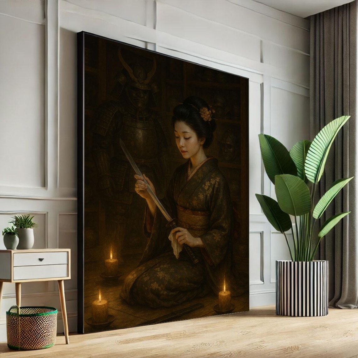 Geisha Candle Samurai Armor Night Scene Serene Japanese Art Poster