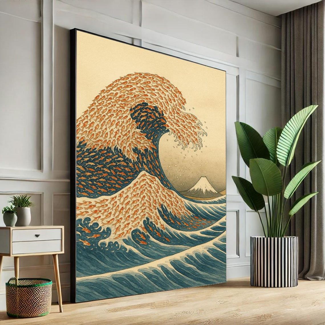 Hokusai Style Great Wave of Fish Mount Fuji Japanese Ocean Art Poster