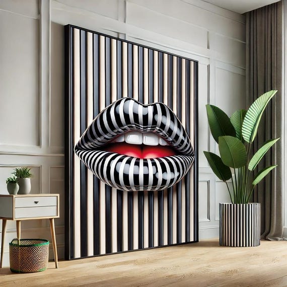 Woman Lips Abstract Pop Art Canvas Black White Striped Wall Decorunique Gift For Fashion Lovers Boyfriend Christmasmodern Home