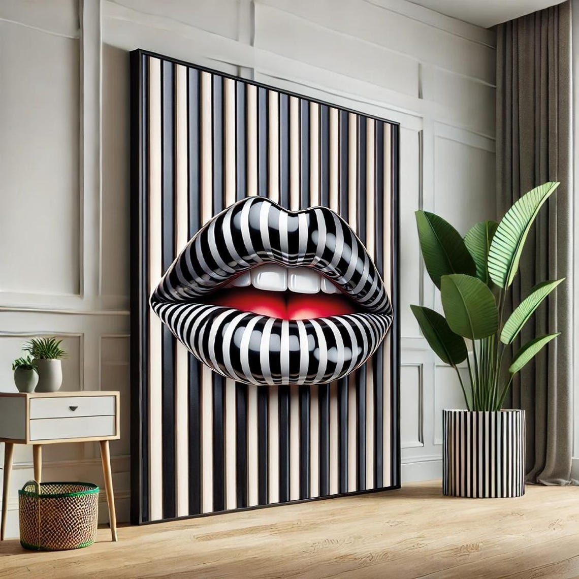 Striped Pop Art Lips Black White Bold Lipstick Modern Art Poster