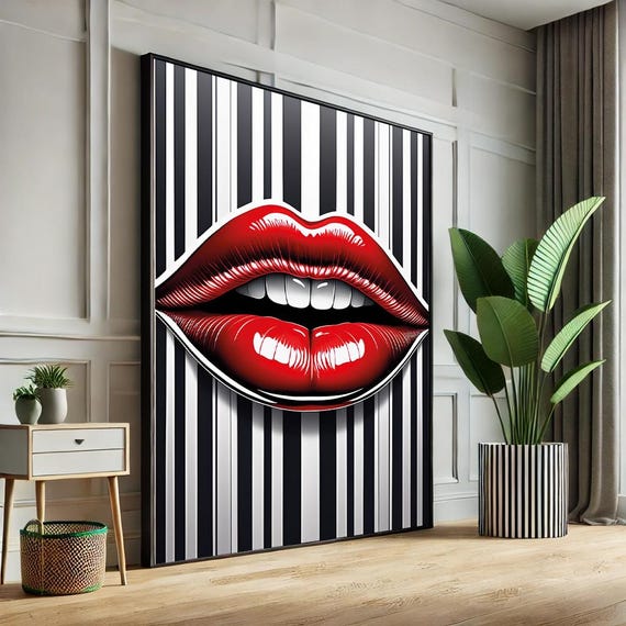 Woman Lips Abstract Pop Art Canvas Black White Striped Wall Decorunique Gift For Fashion Lovers Boyfriend Christmasmodern Home