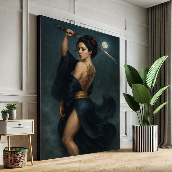 Elegant Samurai Woman Canvas Wall Art Print Dark Blue Living Room Decor Statement Piece