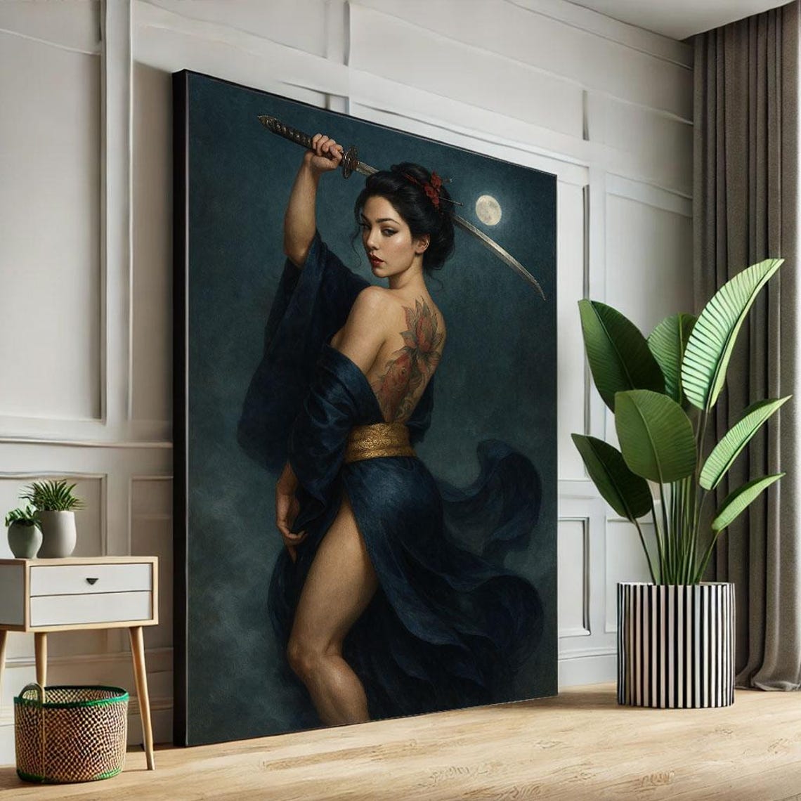 Elegant Samurai Woman Canvas Wall Art Print Dark Blue Living Room Decor Statement Piece
