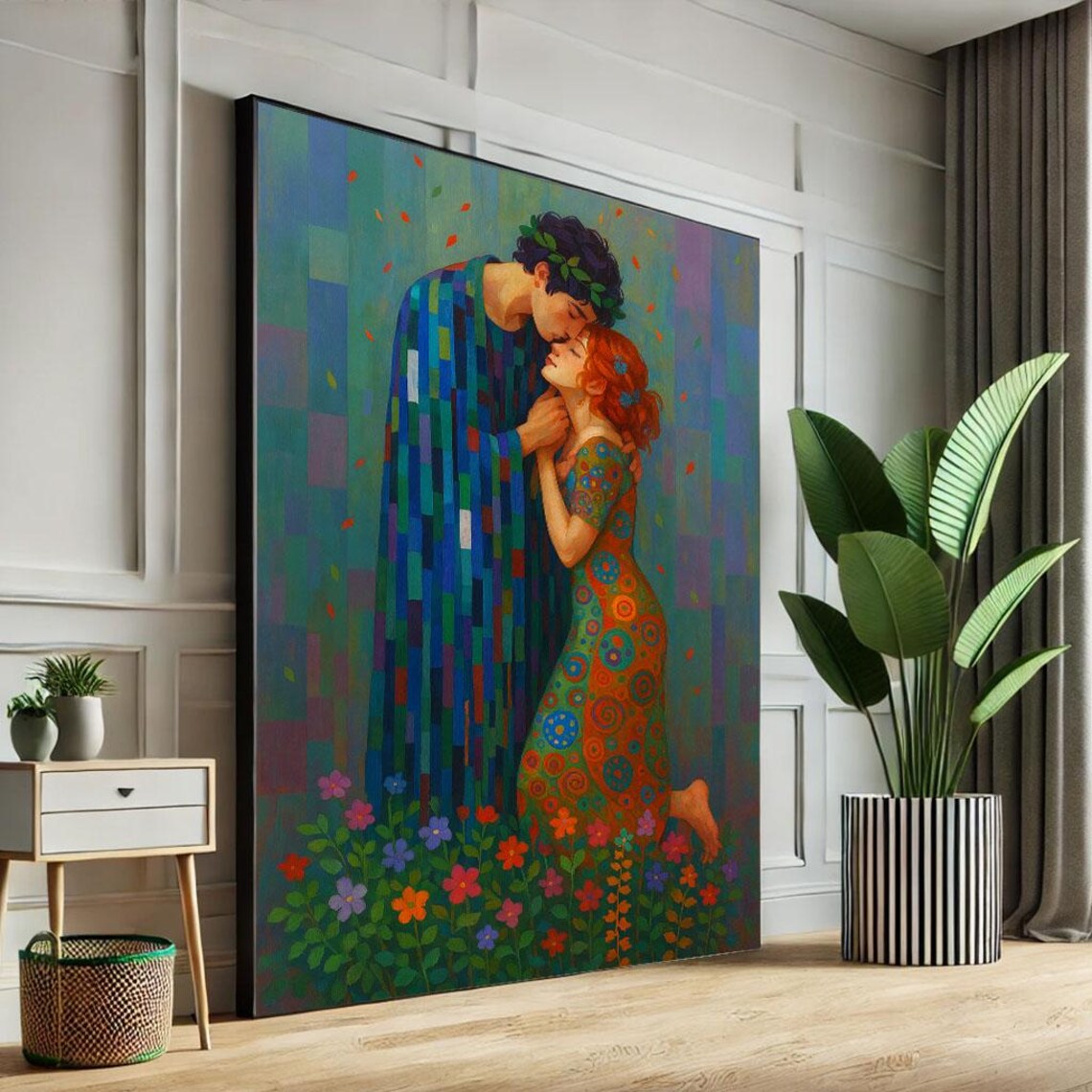 Klimt Inspired Lovers Embrace Mosaic Geometric Couple Art Poster