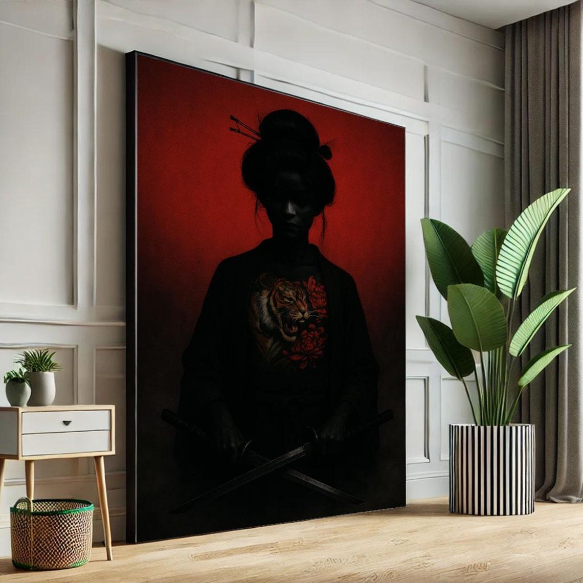 Dark Samurai Tiger Tattoo Crossed Swords Deep Red Dramatic Poster