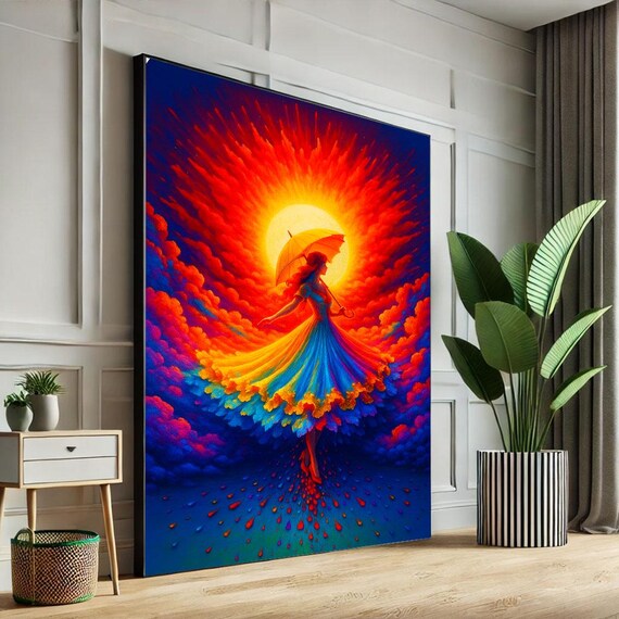 Woman With Umbrella In Vibrant Sunset Sky Rainbow Dress Poster