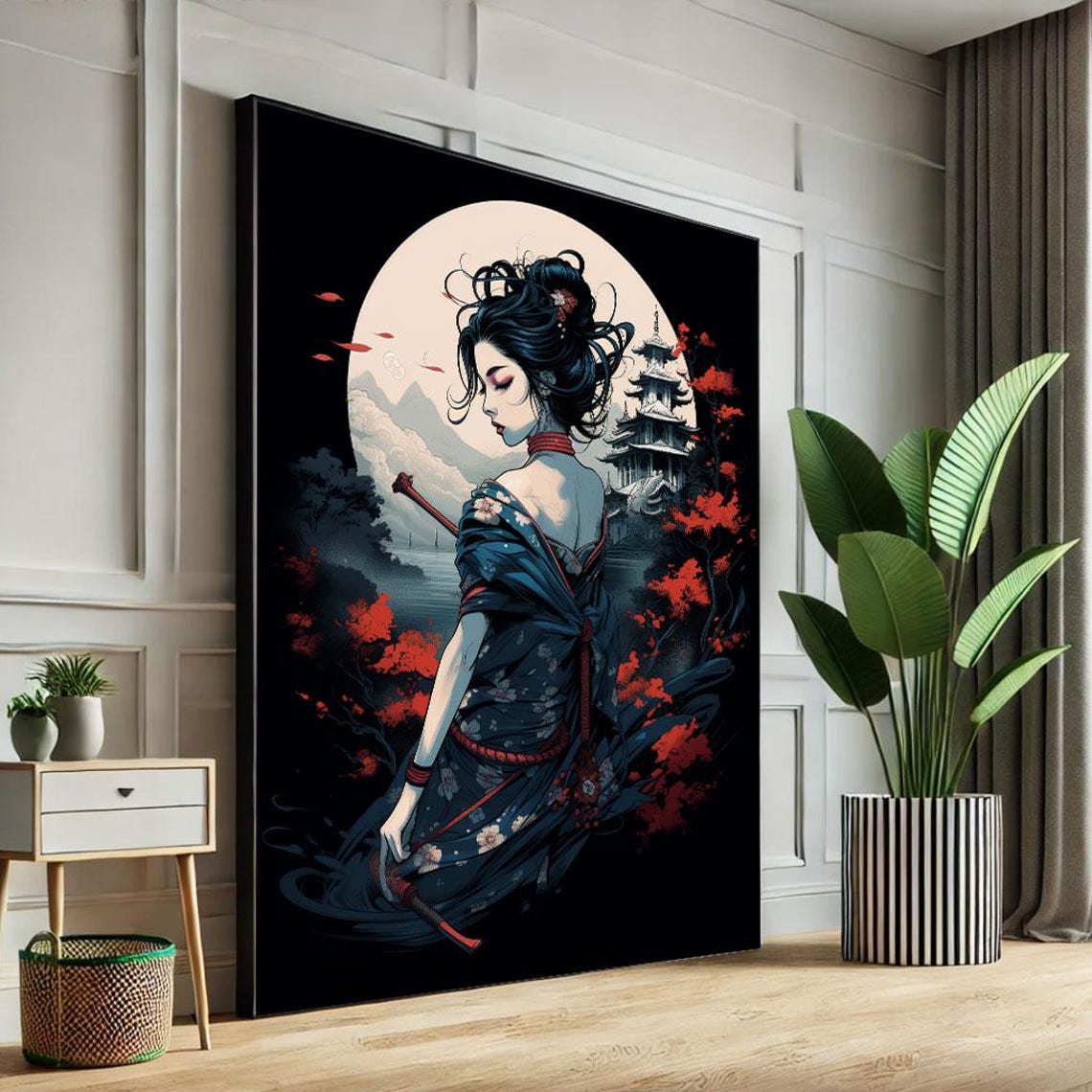 Anime Samurai Woman Under Full Moon with Pagoda and Red Maples Poster